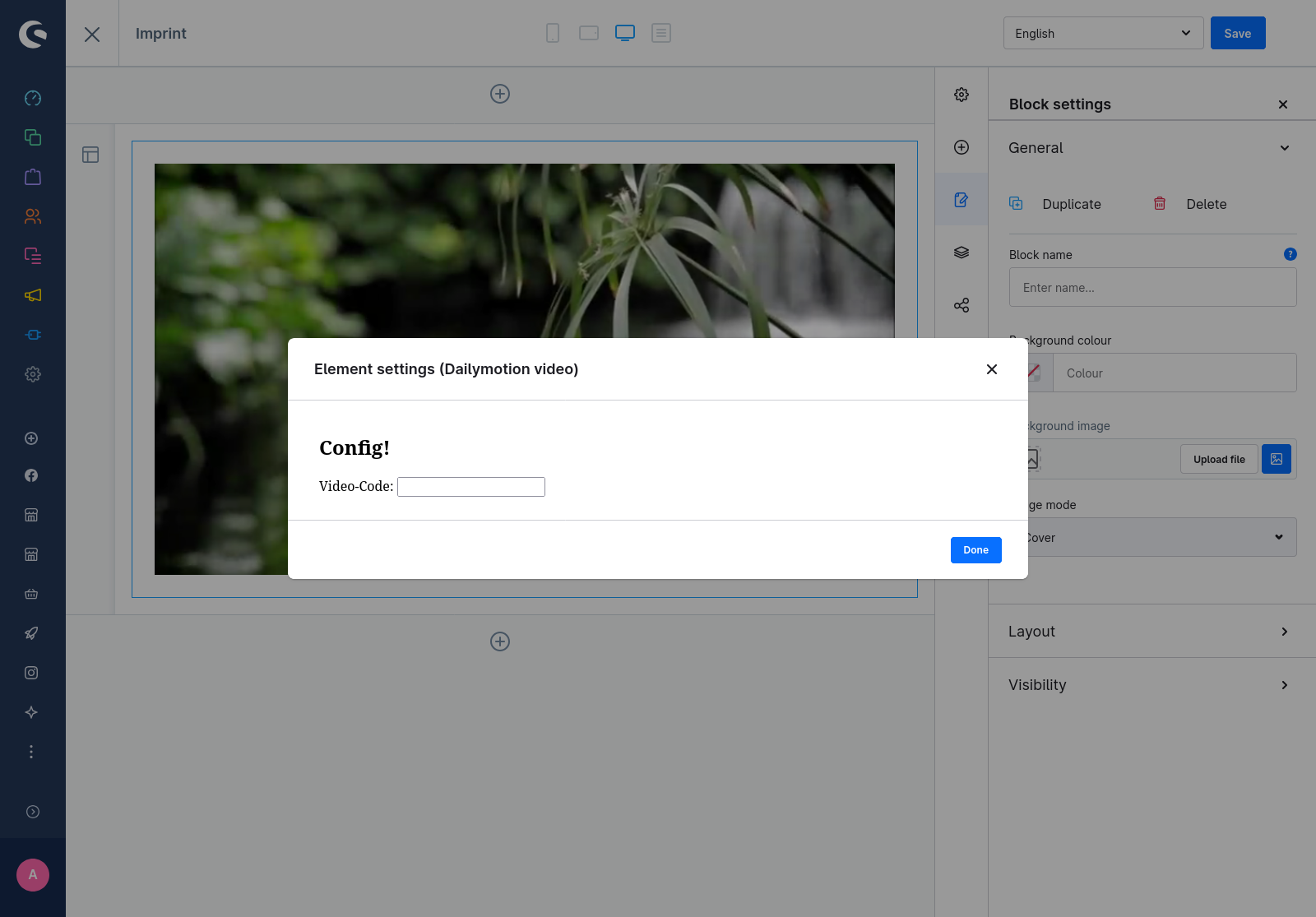 Dailymotion config modal The image shows the configuration modal for a dailymotion video CMS element. The modal contains one text input for the Dailymotion video ID, a caption for the input and a title.